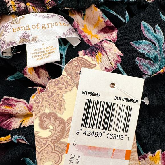 Band Of Gypsies Floral Tie Elastic Waist Wide Leg Pants Black Crimson Small NWT - Picture 9 of 11